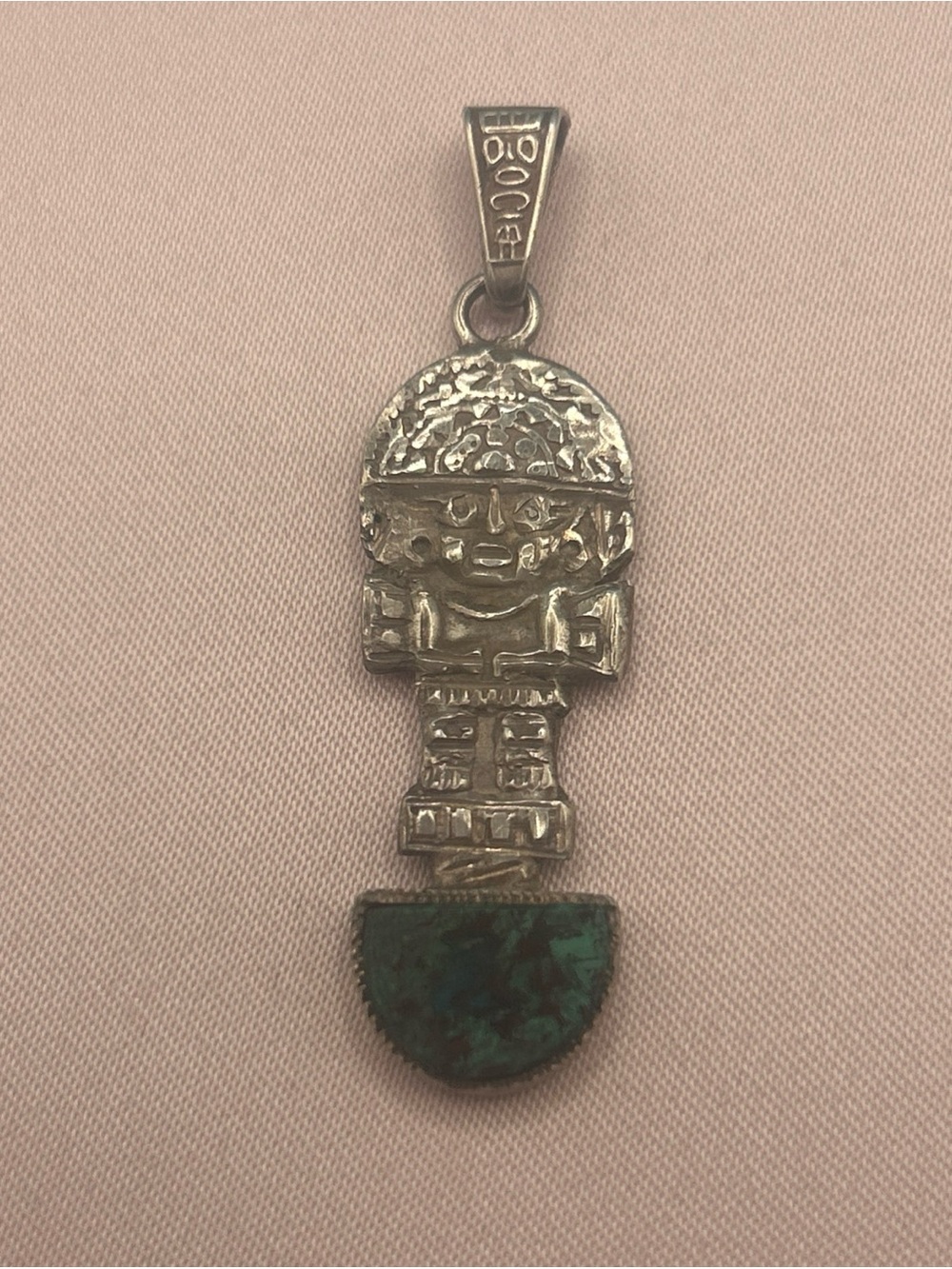 Vintage Peruvian Tumi Pendant 950 Silver inlay Chrysocolla Unisex Tribal Ethnic
